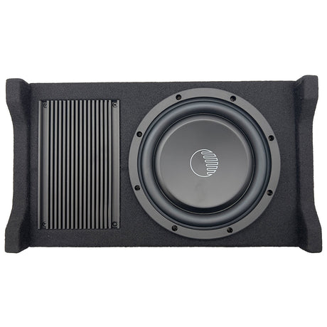 An 8-inch active down-firing subwoofer enclosure from Cobalt, featuring a black carpet finish and the brand's logo in the center of the subwoofer.
