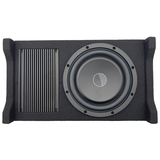 An 8-inch active down-firing subwoofer enclosure from Cobalt, featuring a black carpet finish and the brand's logo in the center of the subwoofer.