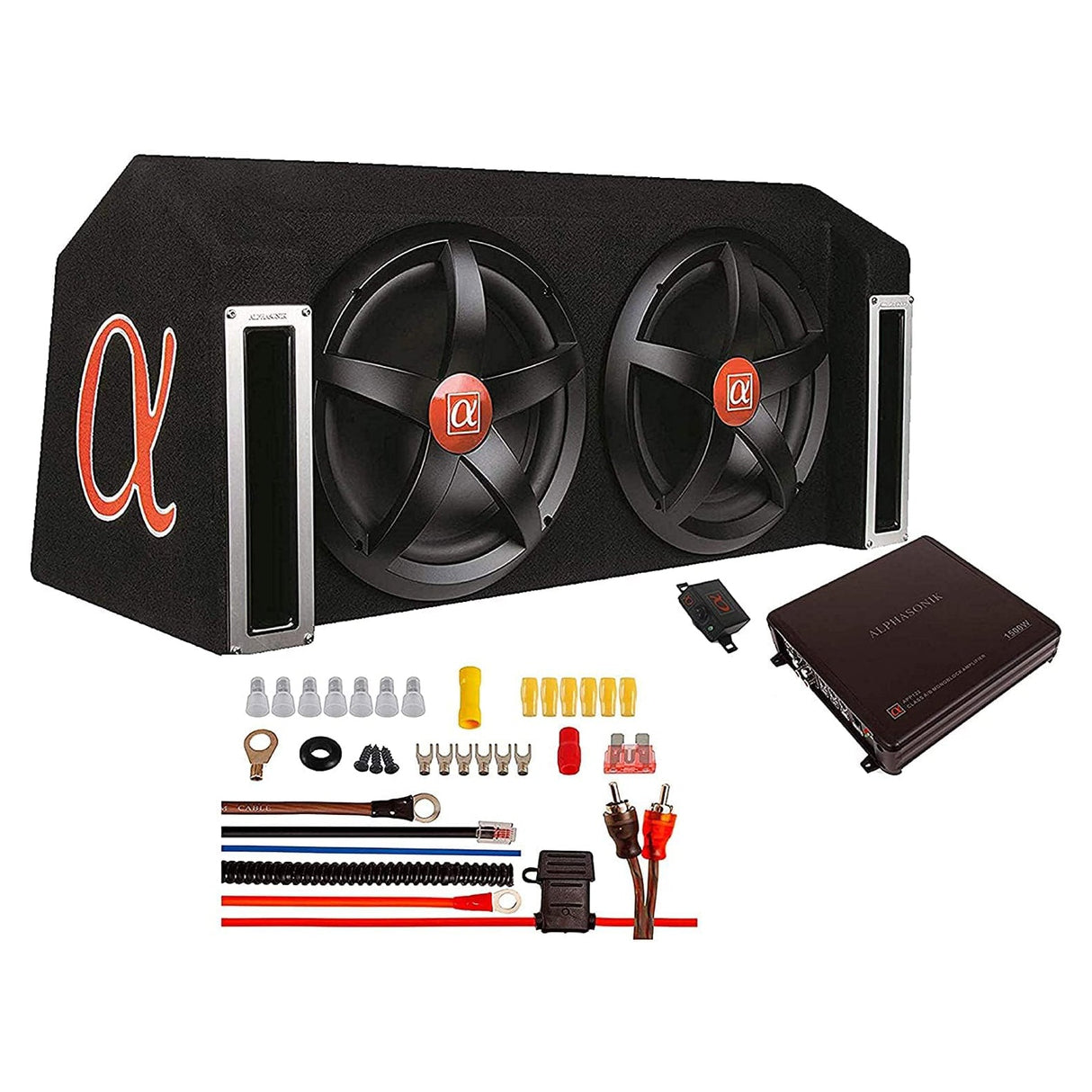 ALPHASONIK APP122 Complete 1500 Watts Dual 12" Subwoofers Car Bass Package with Amplifier and Installation Kit Included - 2 Sub Woofers with Grills in Custom Ported Box Loaded Enclosure, Black
