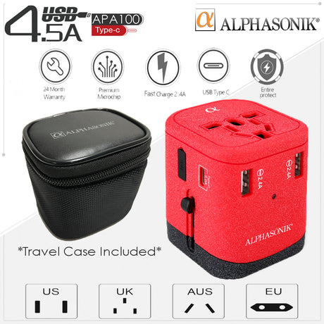 Alphasonik APA100 Worldwide Universal International Travel Power Adapter AC Wall Charger Plug 4 USB Ports Type-C Fast Charging 3.0A for USA UK European Cell Phone Tablet Laptop iPhone W/Travel Case