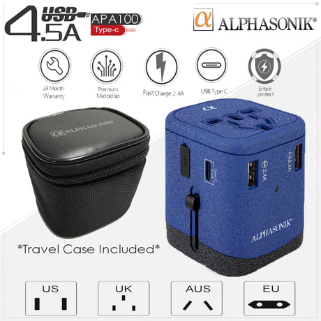 Alphasonik APA100 Worldwide Universal International Travel Power Adapter AC Wall Charger Plug 4 USB Ports Type-C Fast Charging 3.0A for USA UK European Cell Phone Tablet Laptop iPhone W/Travel Case