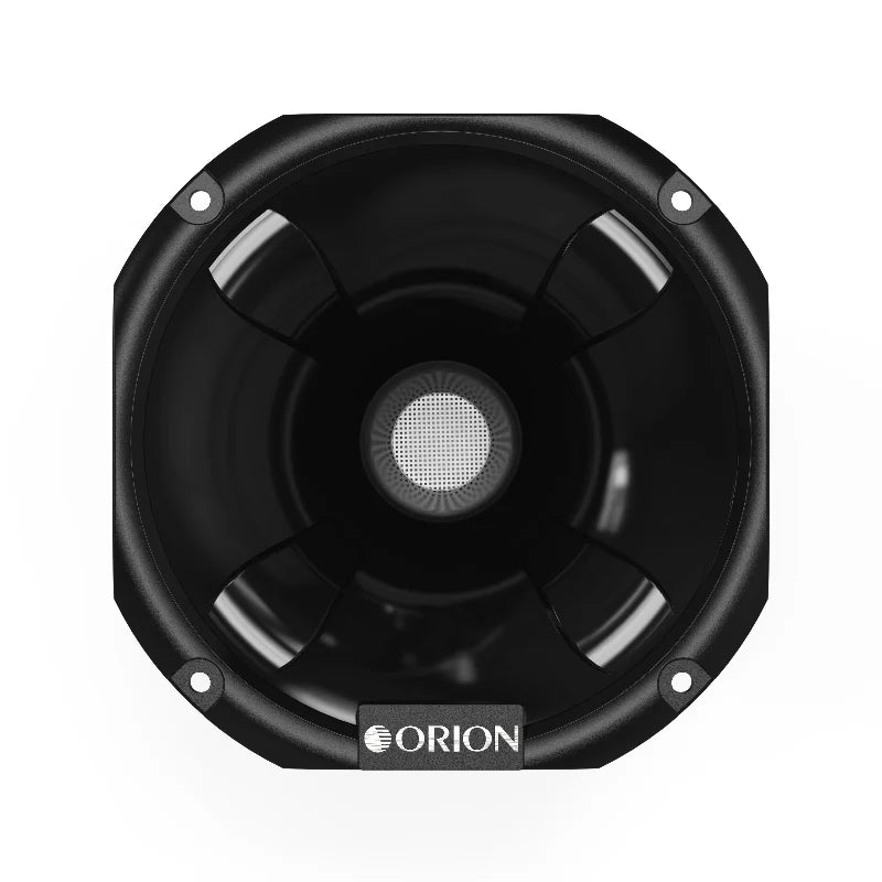 Black speaker with Orion logo on a white background