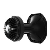 Black dumbbell with a metallic finish on a white background