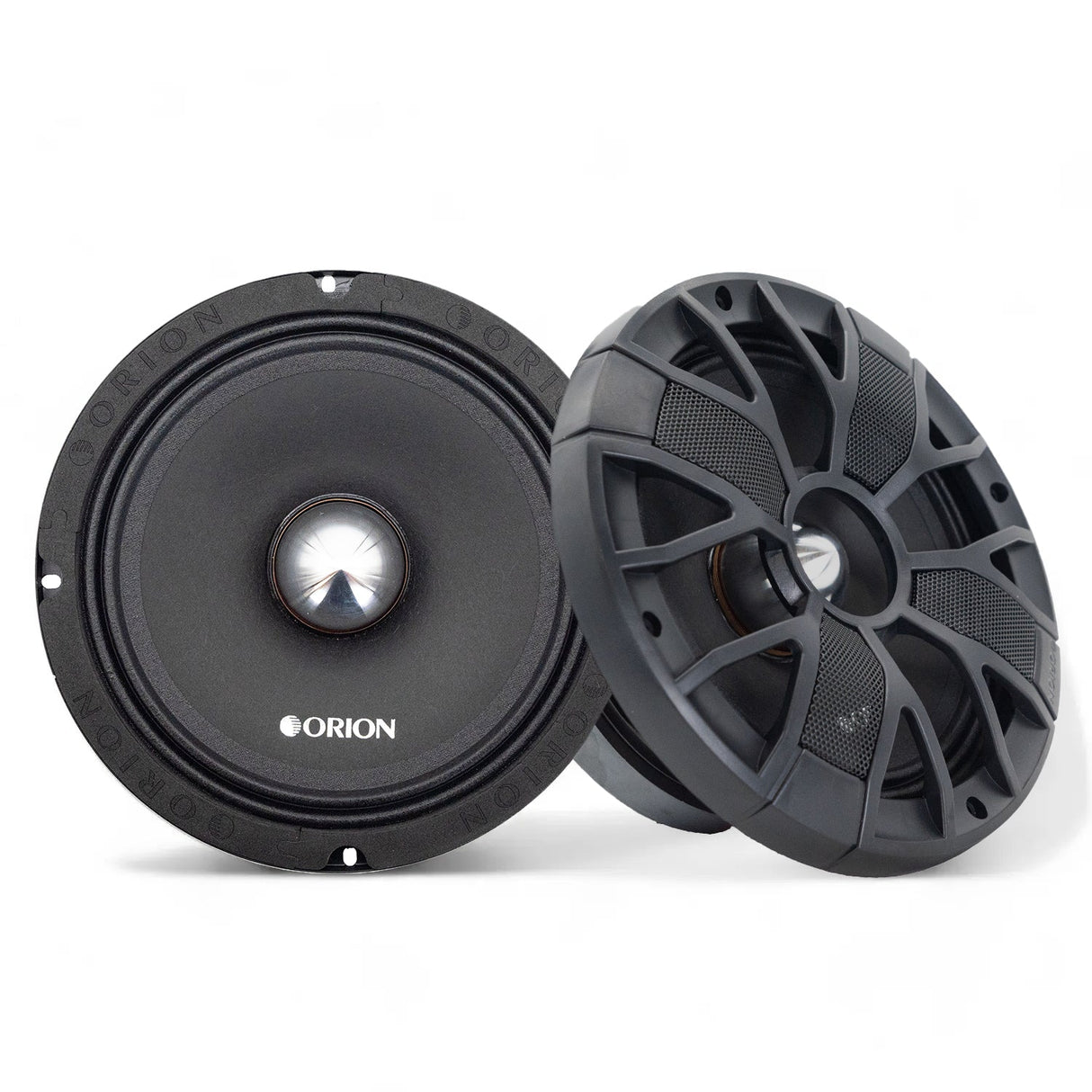 An 8 inch 4 Ohm Slim Ultra Efficient Midrange Speaker from the XTRA series by Orion, showing the front and side views with the speaker's slim profile and black color.
