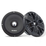 An 8 inch 4 Ohm Slim Ultra Efficient Midrange Speaker from the XTRA series by Orion, showing the front and side views with the speaker's slim profile and black color.