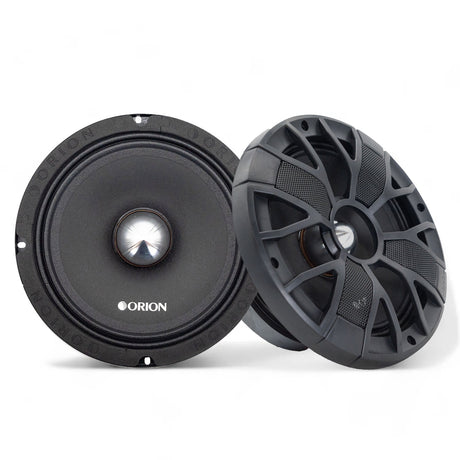 An 8 inch 4 Ohm Slim Ultra Efficient Midrange Speaker from the XTRA series by Orion, showing the front and side views with the speaker's slim profile and black color.