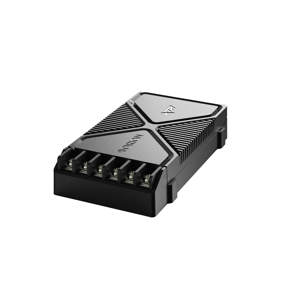 Black and gray electronic device with a brand logo on a white background
