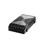 Black and gray electronic device with a brand logo on a white background
