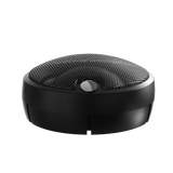 Black circular speaker with mesh design on a white background