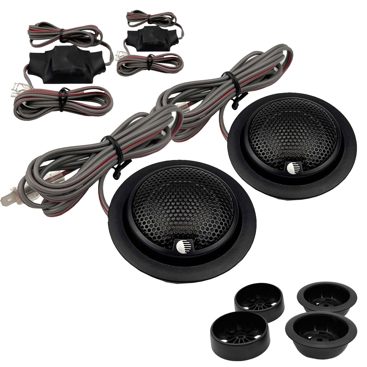 A set of ORION XTR1.00TW 1-inch silk dome tweeters with mounting hardware and cables, primarily black in color.