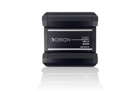 A black ORION XTR1000.1D monoblock class-d amplifier with product information visible on the front.
