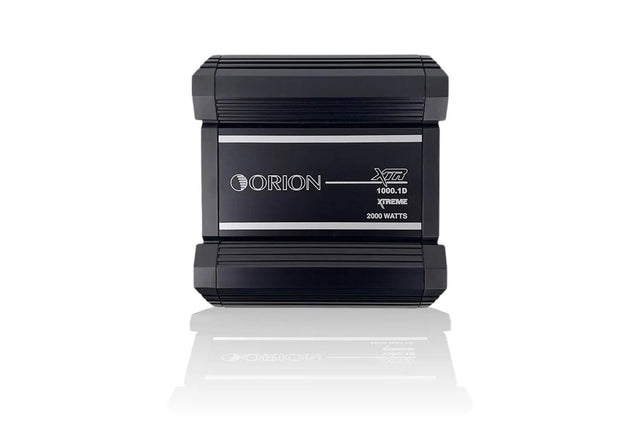 A black ORION XTR1000.1D monoblock class-d amplifier with product information visible on the front.