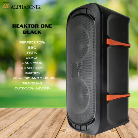 Alphasonik ReaktorOne Battery Powered Portable Party Speaker Box Alpha Bass Bluetooth Mic and Guitar Inputs Phone Charger USB Player AUX App Control