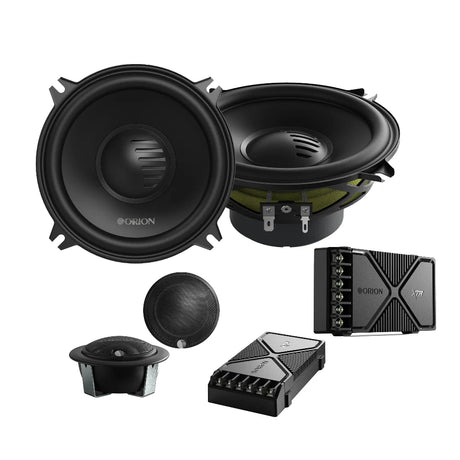 Orion car audio speakers and amplifier on a white background