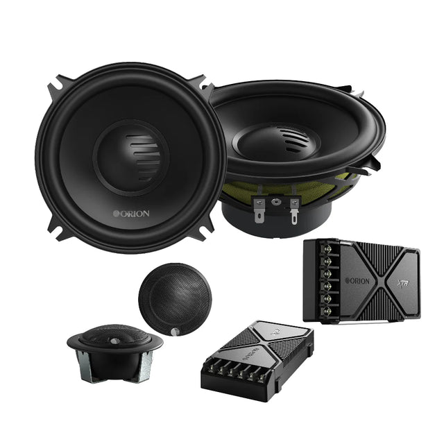 Orion car audio speakers and amplifier on a white background